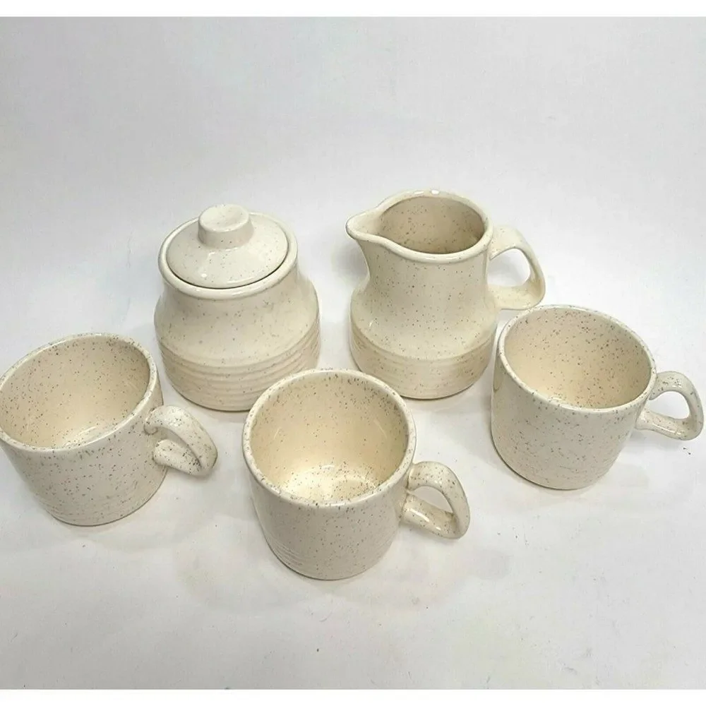 Set of 5 Vtg Speckled Stoneware Creamer, Sugar Bowl & Teacups‎ Raised Rings USA